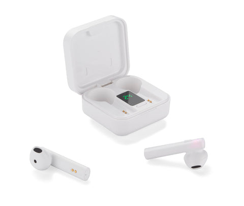 Bezvadu austiņas SUONO ar uzlādes futrāli un saules paneli, logo druka