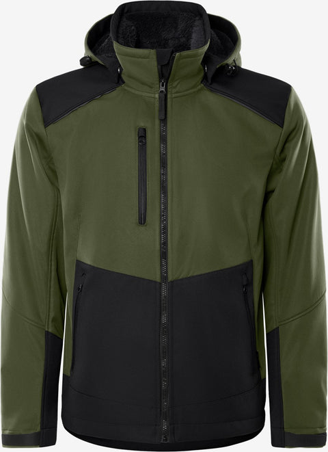 Softshell CFJ jaka ziemai ar apdruku, kapuci un flīsa oderi, haki