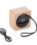 Kompakts Bluetooth skaļrunis 60x60x40 mm no īsta koka ar logo druka, auklas savienojums