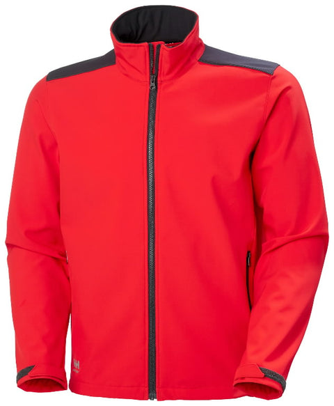 Sarkana softshell jaka ar apdruku un izšuvumu