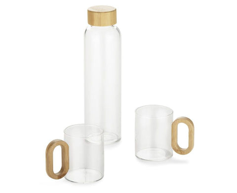 TRINKLA pudele un glāzes ar bambusa detaļām dāvanu kastītē un logo druku