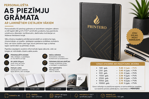 Personalizēta A5 piezīmju grāmata ar laminētiem cietajiem vākiem un logo Unique
