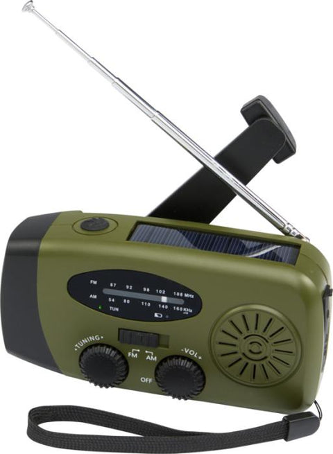 Ārkārtas radio Avior ar rokas ģeneratoru un antenu