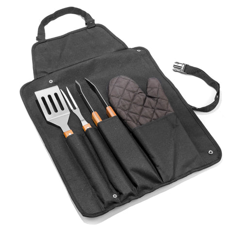 Barbekjū piederumu komplekts NANDO ar priekšautu, cimdu un grila instrumentiem. Iespējama personalizēta apdruka.