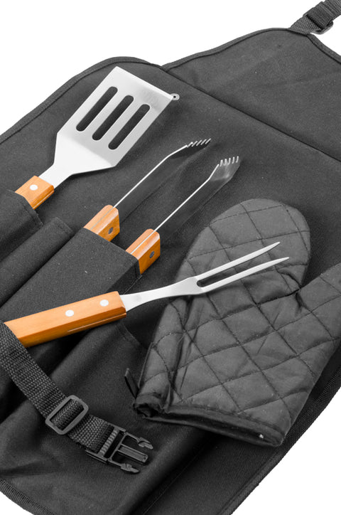 Barbekjū piederumu komplekts NANDO ar knaiblēm, dakšiņu, lāpstiņu, cimdu un priekšautu ar jūsu logo