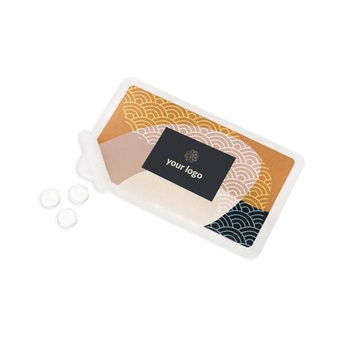 Cukura nesaturošas piparmētru dražejas kartes formātā ar logo