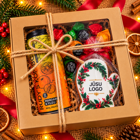 Ziemassvētku dāvanu komplekts KRĀSAINAIS brūnā kastē ar logu, džutas auklu, Rudy’s Kombucha, Pūres konfektēm un personalizētu piparkūku cimda formā