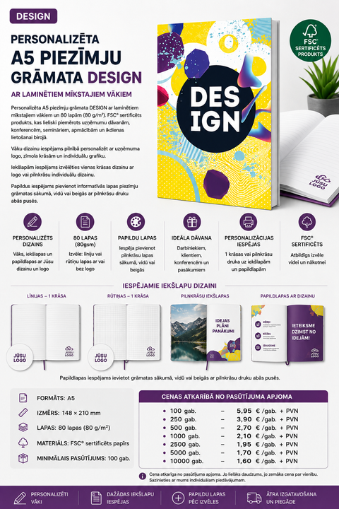 Personalizēta A5 piezīmju grāmata DESIGN ar mīkstajiem vākiem, logo apdruku un FSC sertificētu papīru