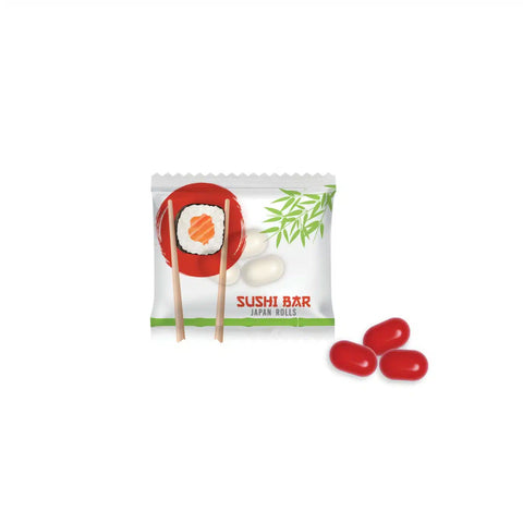 Dražejas mini iepakojumā ar piparmētru vai augļu dražejām un apdruku