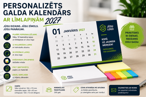 Personalizēts galda kalendārs ar līmlapiņām un piezīmju bloku, pilnkrāsu apdruka ar uzņēmuma dizainu, 2027. gada korporatīvā dāvana.