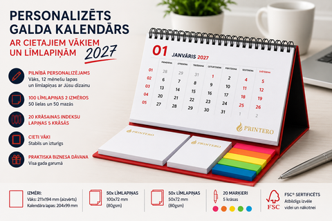 Personalizēts galda kalendārs ar cietajiem vākiem, logo apdruku un piezīmju lapiņām