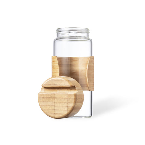450ml eko stikla pudele ar bambusa vāciņu un logo druku