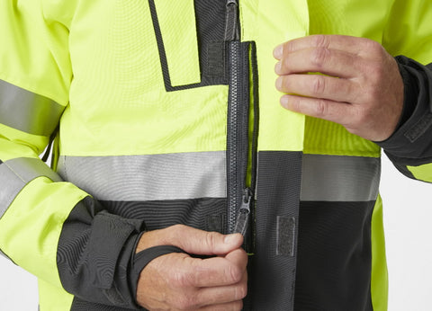 Hi-vis jaka ar YKK rāvējslēdzēju un vēja aizsargu, piemērota uzņēmuma logo apdrukai