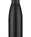 Melna 500 ml termo pudele ar bambusa vāciņu un apakšdaļu, piemērota logo apdrukai un personalizācijai.