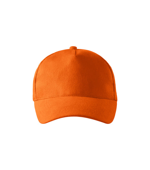 Oranža 5 paneļu cepure ar spilgtu logo apdruku un modernu fasonu