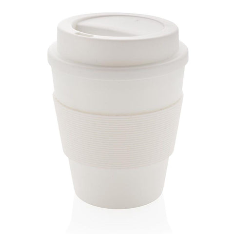350 ml krūze ar skrūvējamu vāku un druku balta