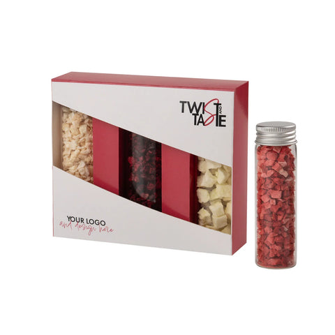 Personalizēts JUICY Trio žāvētu augļu komplekts ar 3 mēģenēm un logo apdruku