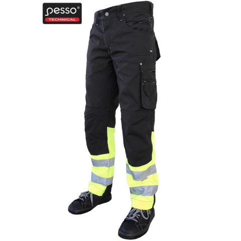 Pesso Hi-Vis darba bikses melnā un dzeltenā krāsā ar atstarojošām joslām