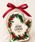 Personalizēta Ziemassvētku piparkūka cimdiņa formā ar Jūsu uzņēmuma logo, caurspīdīgā iepakojumā ar sarkanu lenti