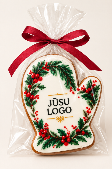 Personalizēta Ziemassvētku piparkūka cimdiņa formā ar Jūsu uzņēmuma logo, caurspīdīgā iepakojumā ar sarkanu lenti