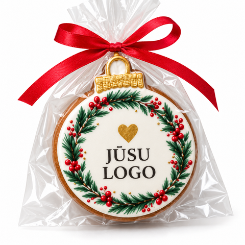 Personalizēta Ziemassvētku piparkūka eglītes rotājuma formā ar Jūsu uzņēmuma logo, caurspīdīgā iepakojumā ar sarkanu lenti