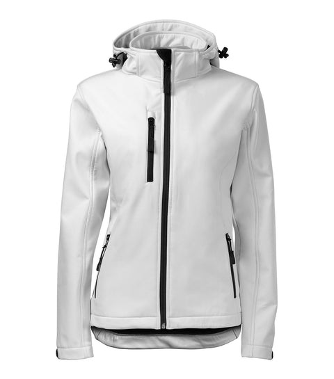 Balta sieviešu softshell jaka Performance ar kapuci, piemērota logo apdrukai un izšuvumam