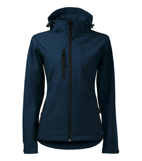 Tumši zila sieviešu softshell jaka Performance ar rāvējslēdzēju, apdruka un izšuvums