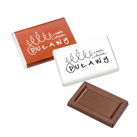 Mini šokolāde SKRAUD 10 g ar personalizētu FSC papīra iepakojumu un pilnkrāsu apdruku