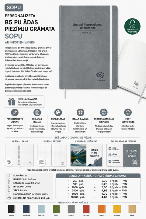 Personalizēta B5 PU ādas piezīmju grāmata SOPU ar logo apdruku, FSC sertificētu papīru un mīkstajiem vākiem