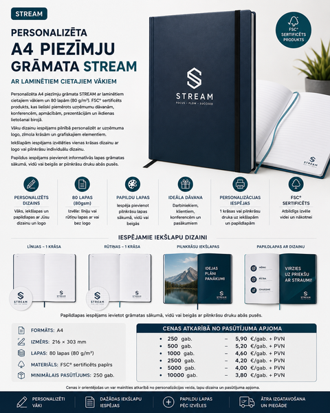 Personalizēta A4 piezīmju grāmata STREAM ar cietajiem vākiem un logo apdruku