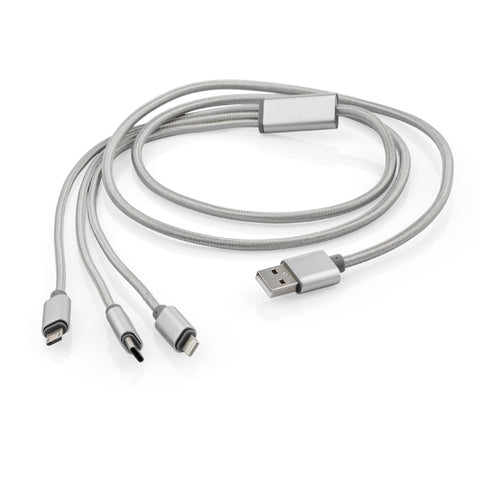 USB kabelis ar trīs savienojumiem un personalizējamu logotipu, tuvplāns uzgaļiem