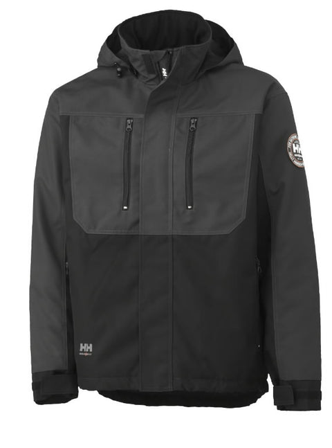 Melna ziemas jaka Berg ar kapuci, Helly Hansen Workwear darba jaka ar logo apdruku un izšuvumu